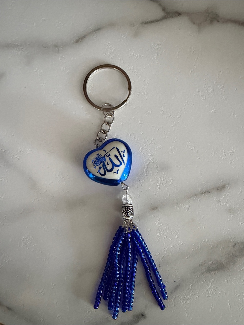 Blue Heart Keychain with Arabic Script and Beaded Tassel